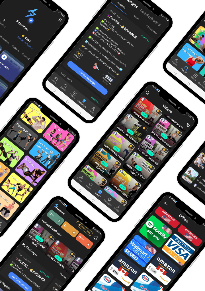About Us Phones with various screenshots of the Fitsentive Free Fitness app